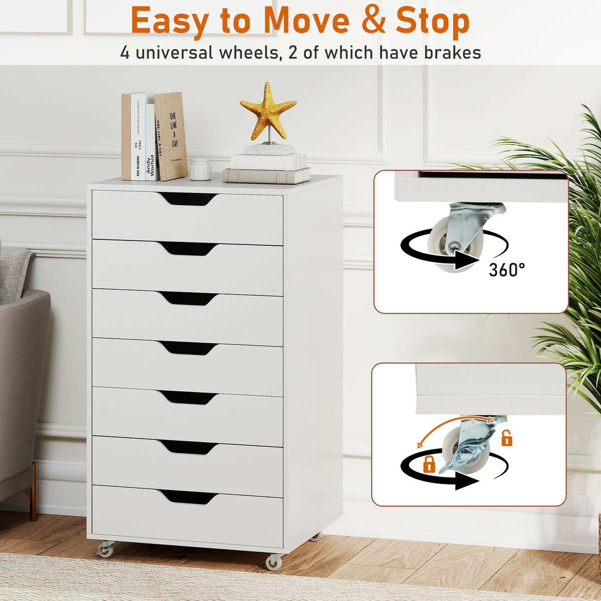 7-Drawer Chest Wooden Storage Dresser with Lockable Wheels