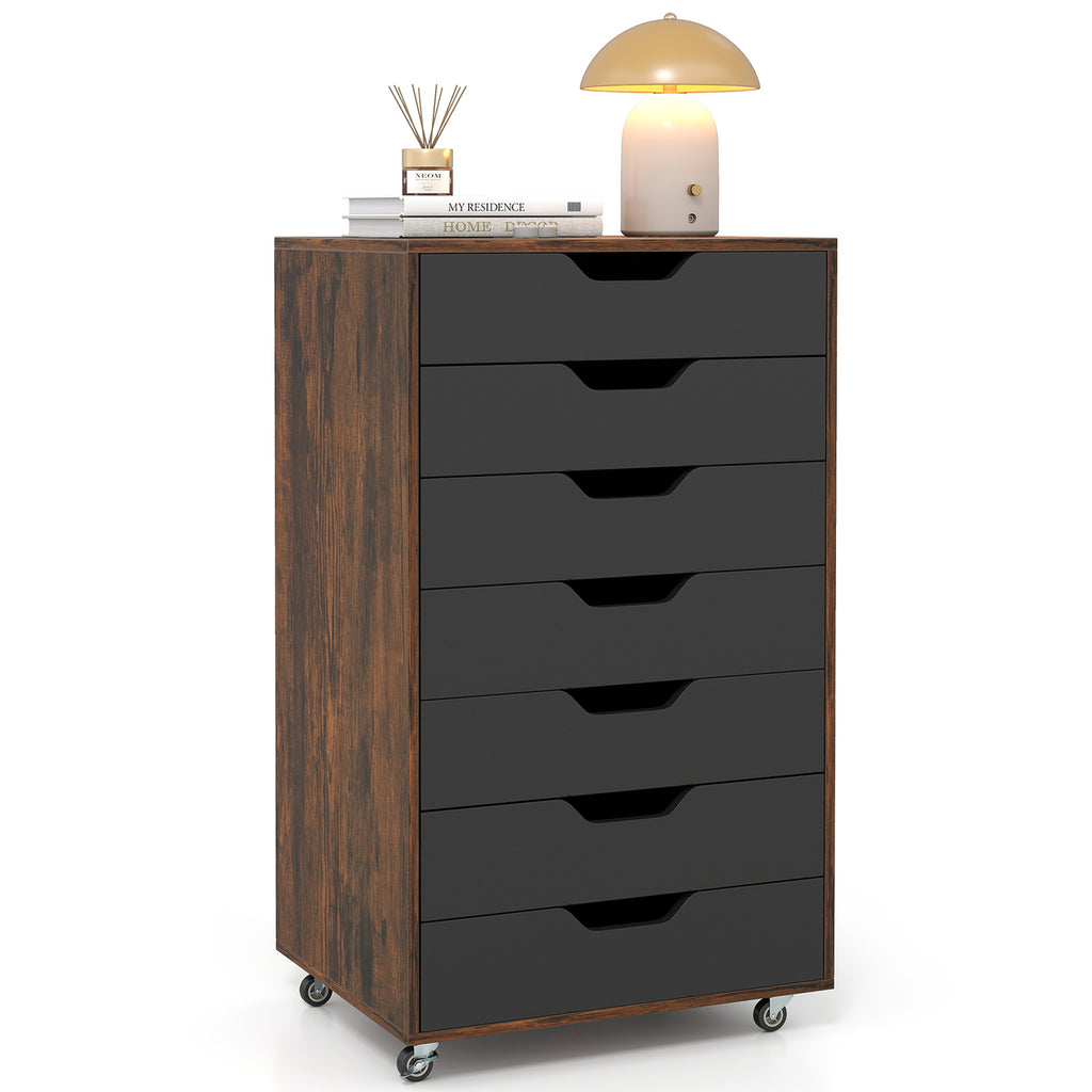 7-Drawer Wooden Storage Dresser with Lockable Wheels - Rustic Brown