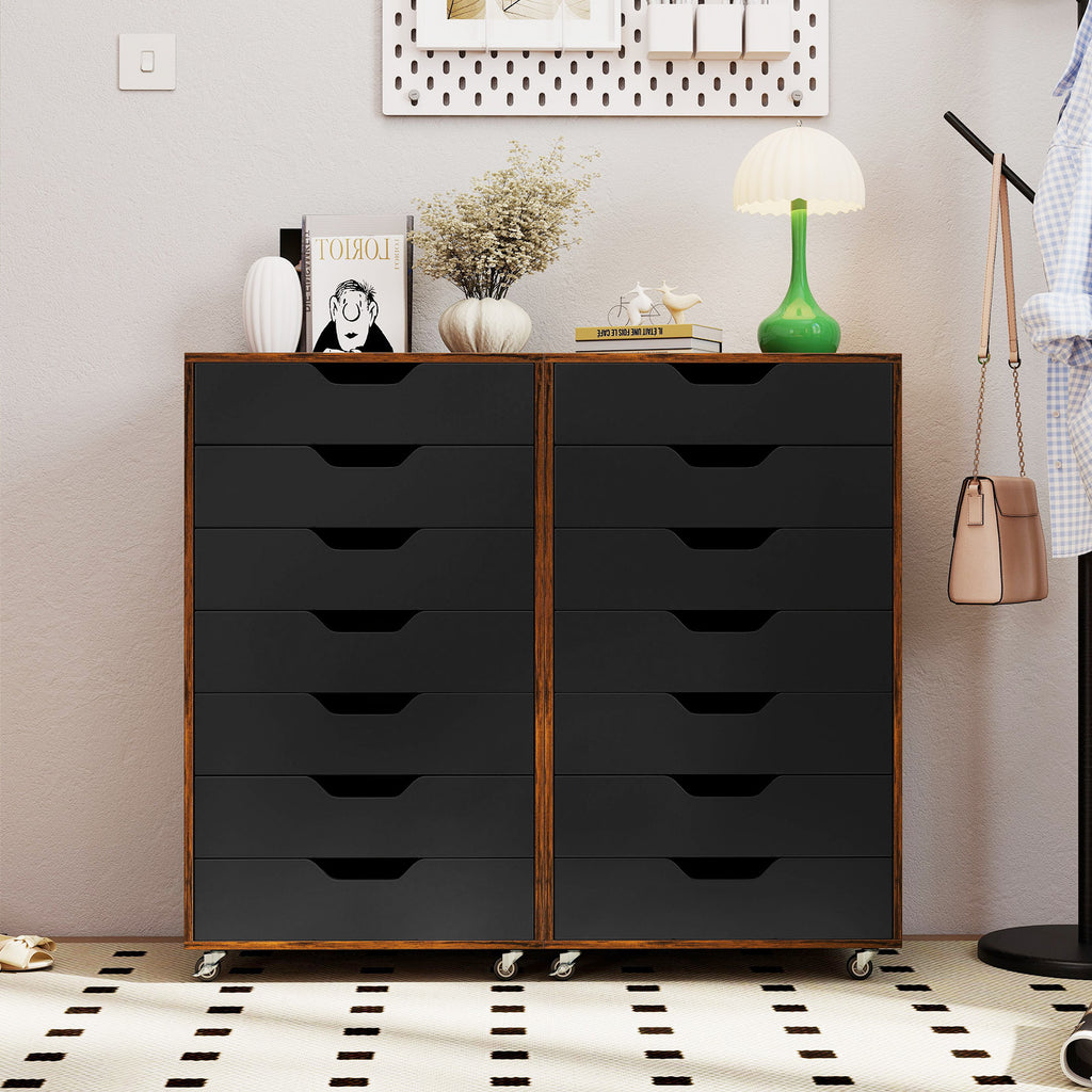 7-Drawer Wooden Storage Dresser with Lockable Wheels - Rustic Brown