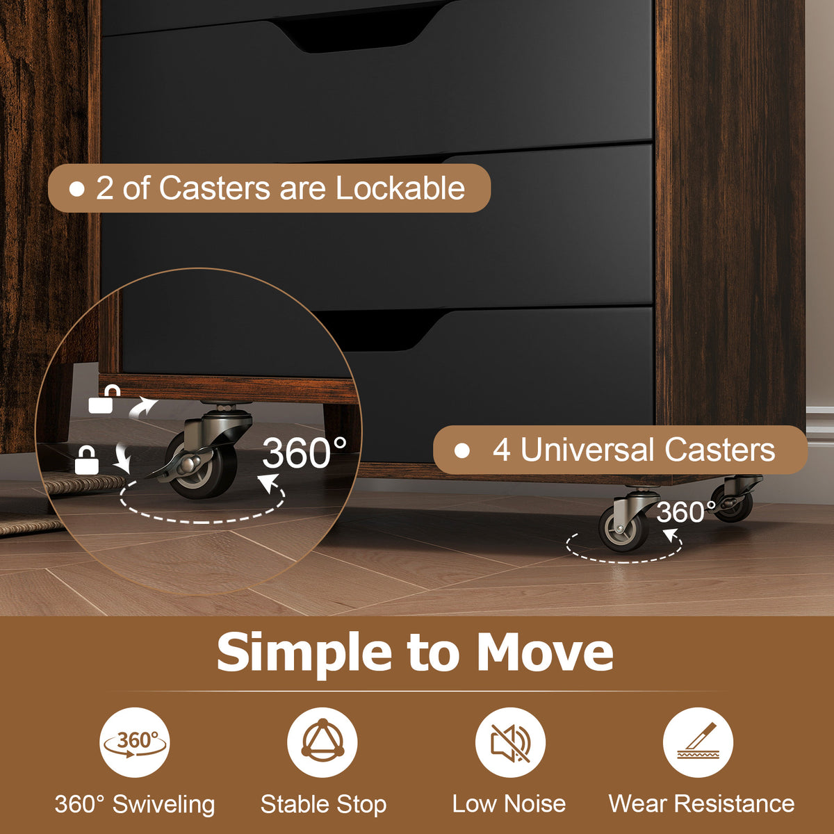 7-Drawer Wooden Storage Dresser with Lockable Wheels - Rustic Brown