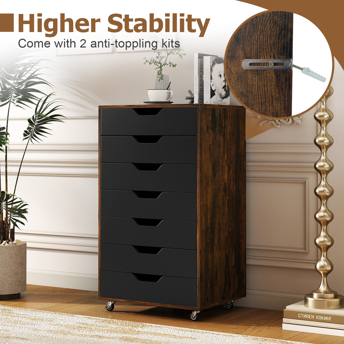 7-Drawer Chest Wooden Storage Dresser with Lockable Wheels