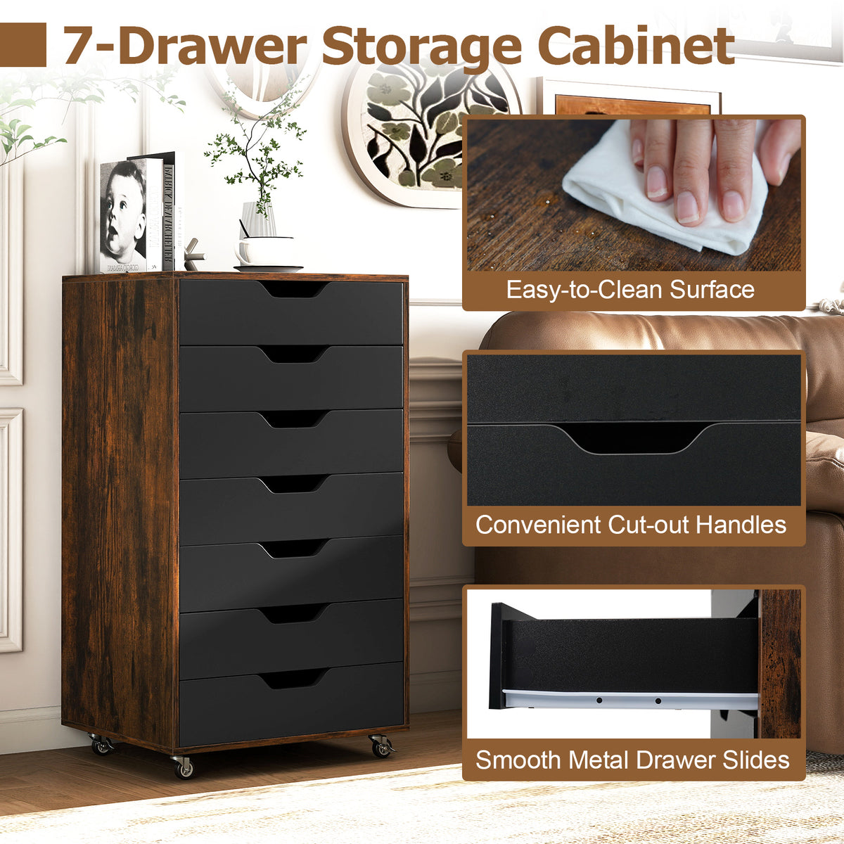 7-Drawer Chest Wooden Storage Dresser with Lockable Wheels