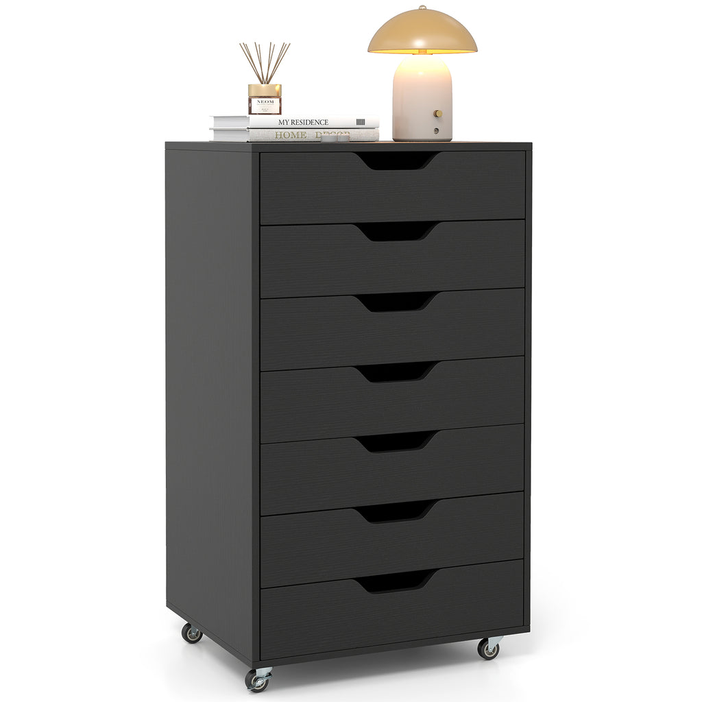 7-Drawer Wooden Dresser with Wheels - Black