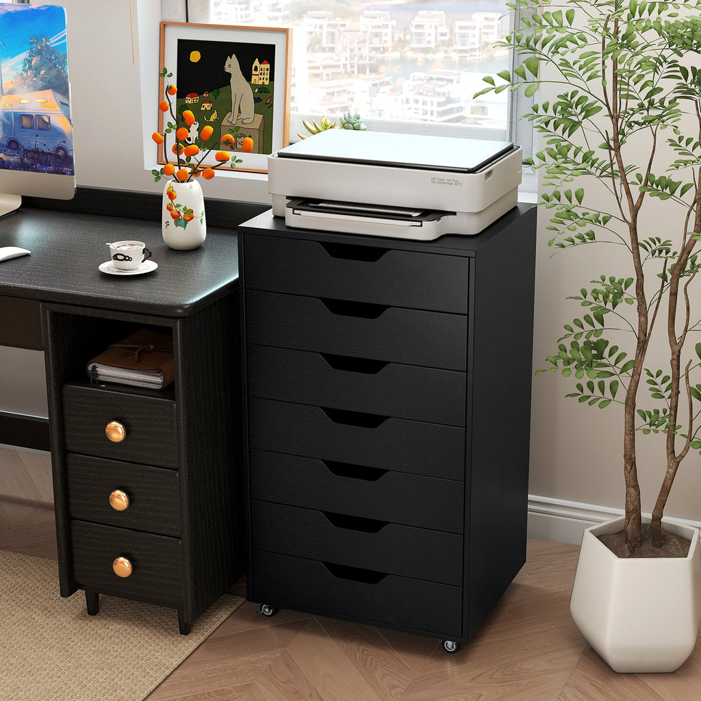 7-Drawer Wooden Dresser with Wheels - Black