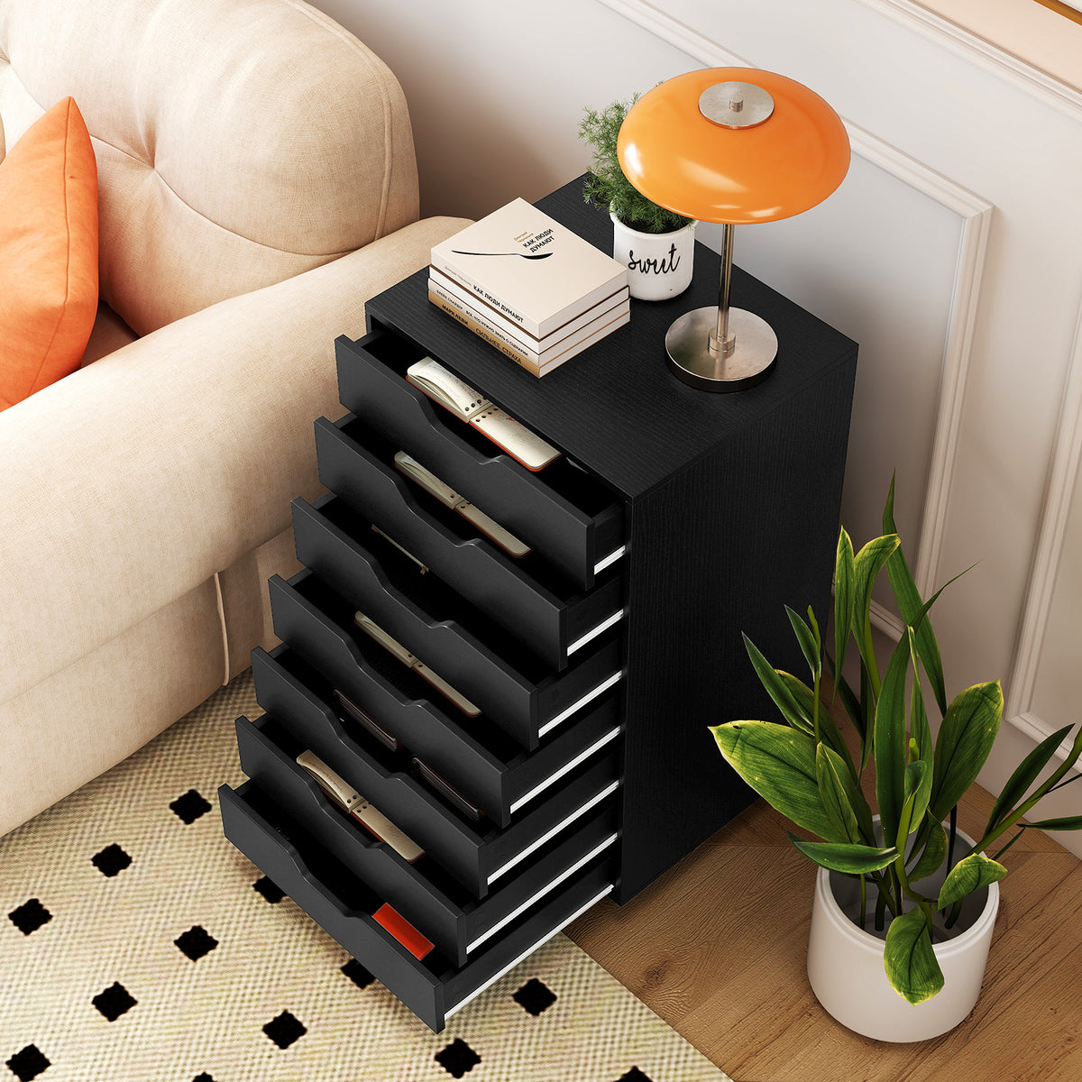 7-Drawer Wooden Dresser with Wheels - Black