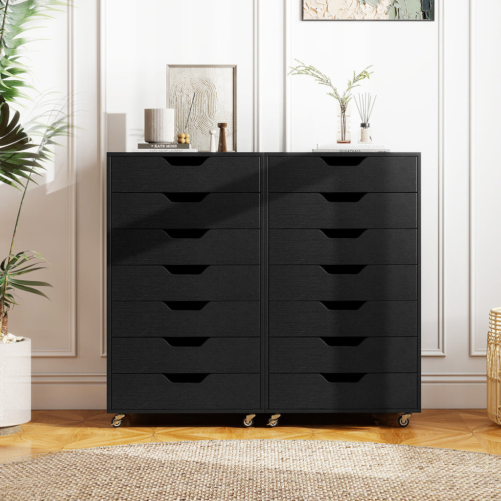 7-Drawer Wooden Dresser with Wheels - Black