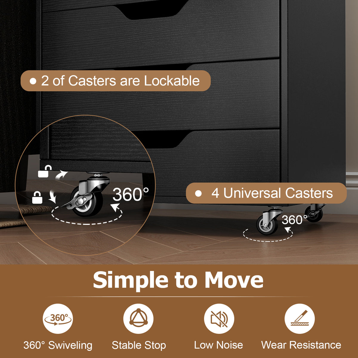 7-Drawer Wooden Dresser with Wheels - Black