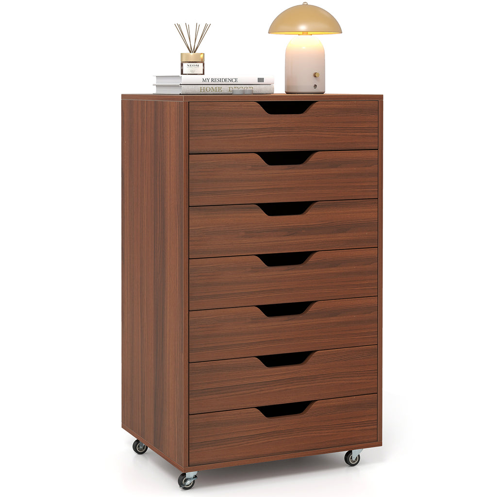 7-Drawer Wooden Storage Dresser with Wheels - Walnut