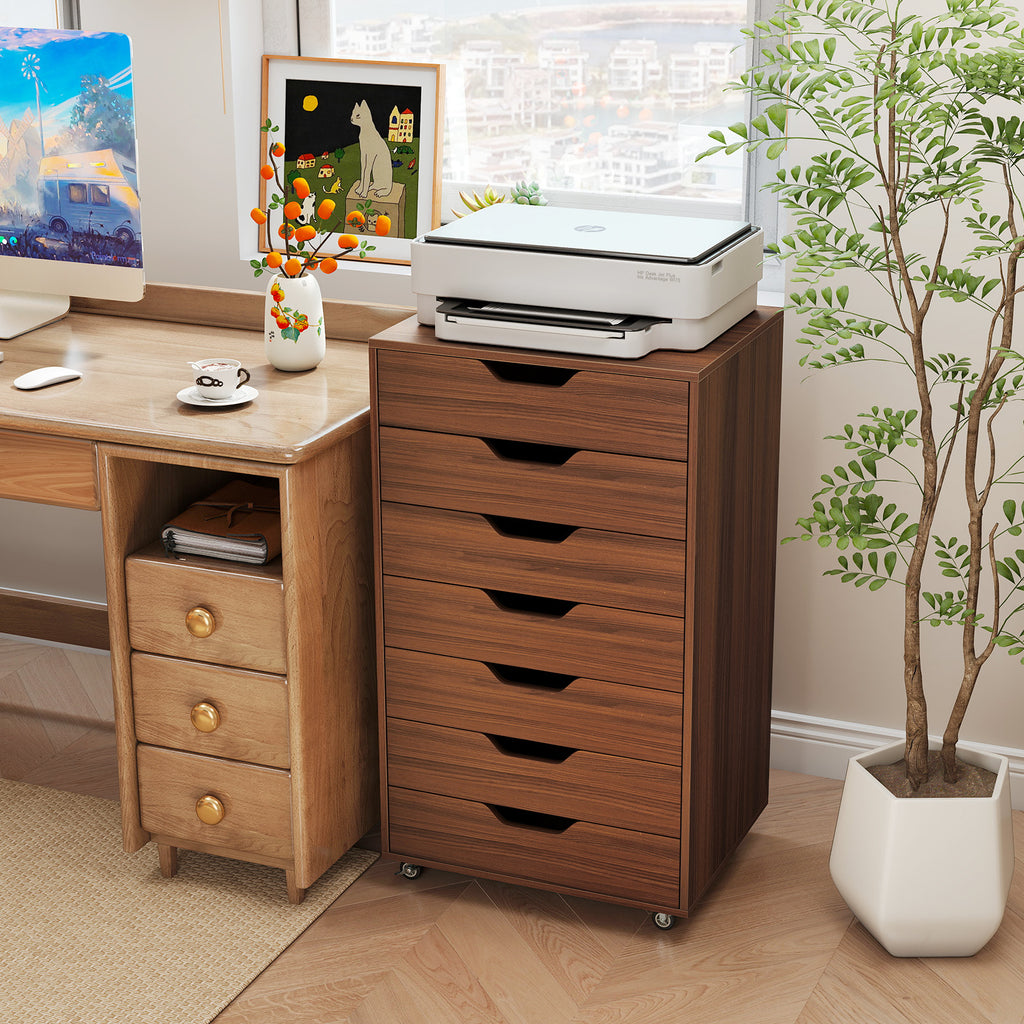 7-Drawer Wooden Storage Dresser with Wheels - Walnut