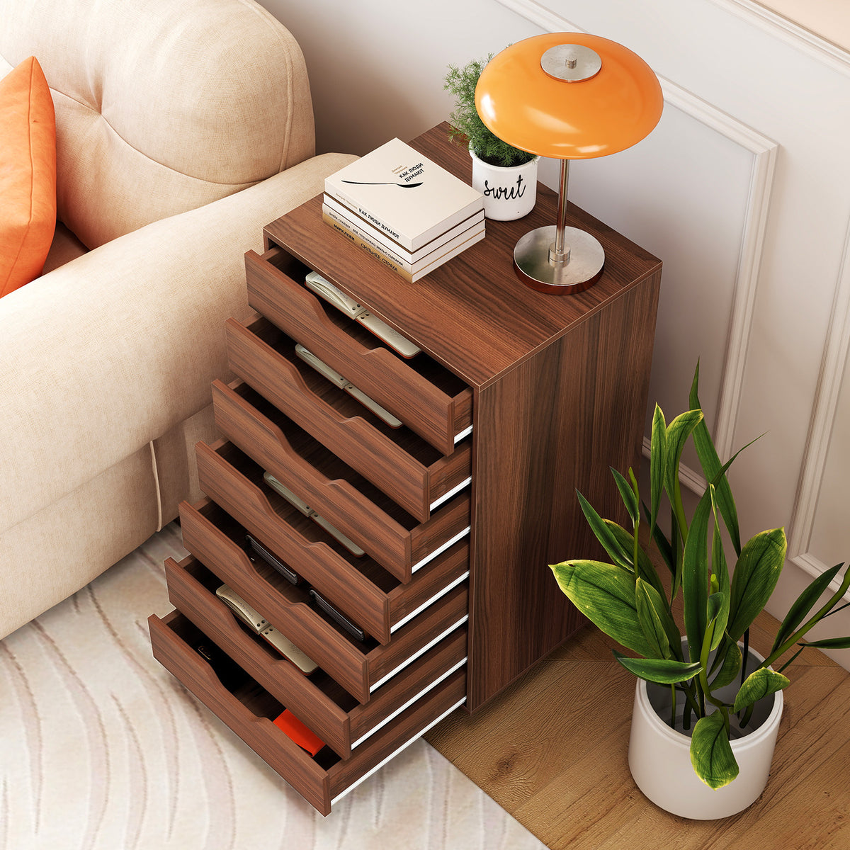 7-Drawer Wooden Storage Dresser with Wheels - Walnut