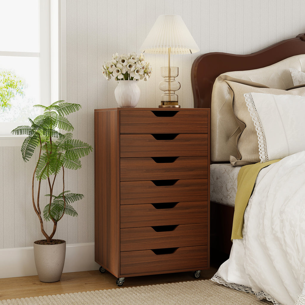 7-Drawer Wooden Storage Dresser with Wheels - Walnut