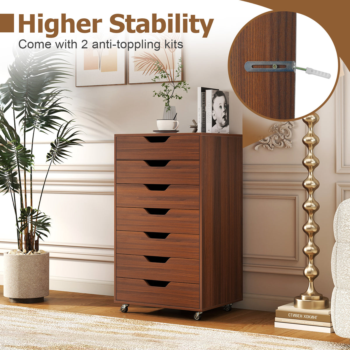 7-Drawer Wooden Storage Dresser with Wheels - Walnut