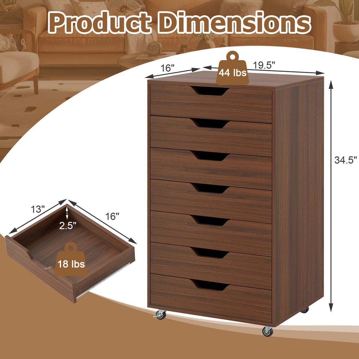 7-Drawer Wooden Storage Dresser with Wheels - Walnut