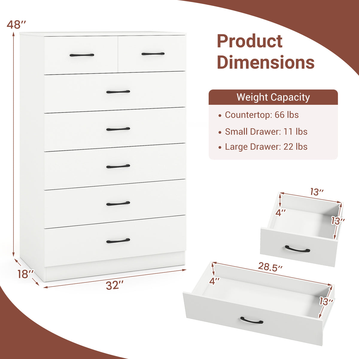 7-Drawer Tall Dresser with Metal Handles, White