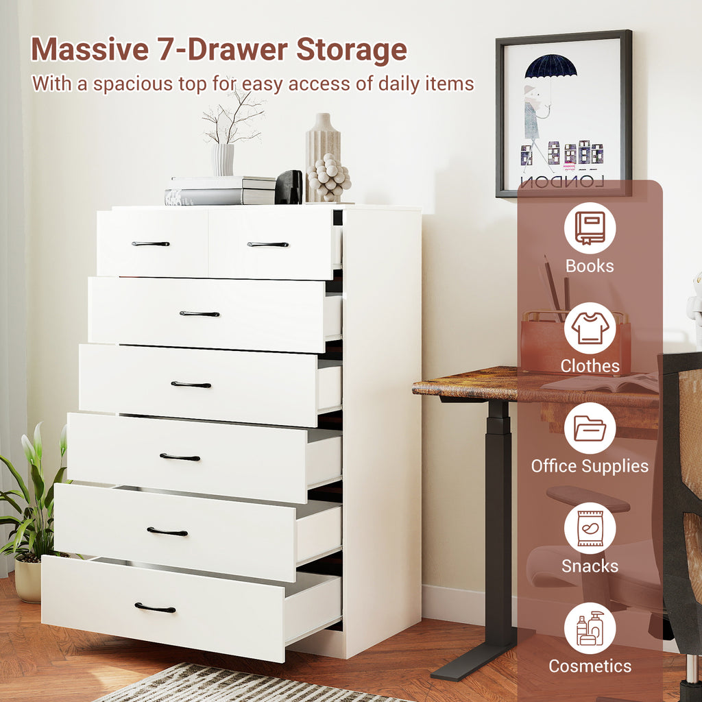 7-Drawer Tall Dresser with Metal Handles, White