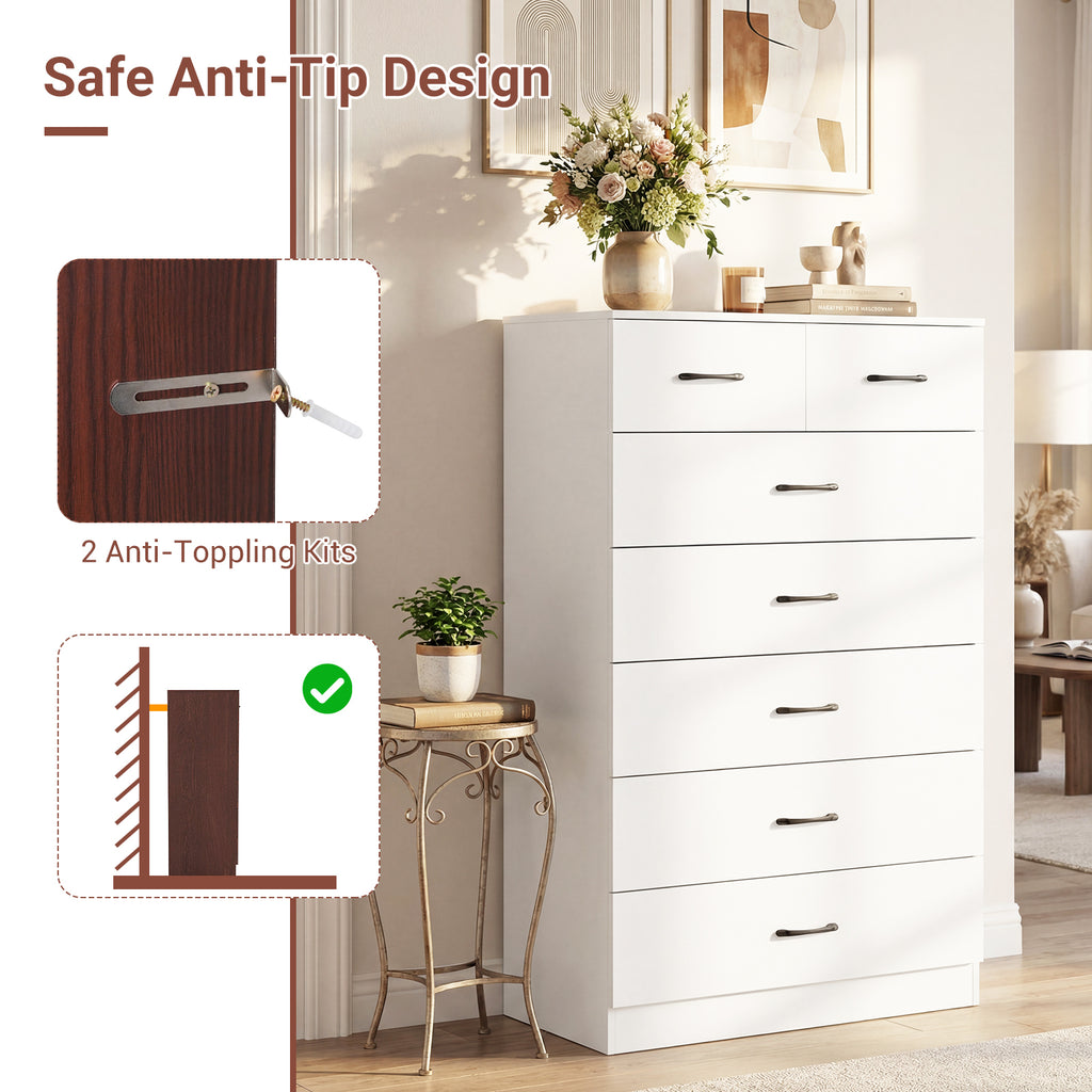 7-Drawer Tall Dresser with Metal Handles, White