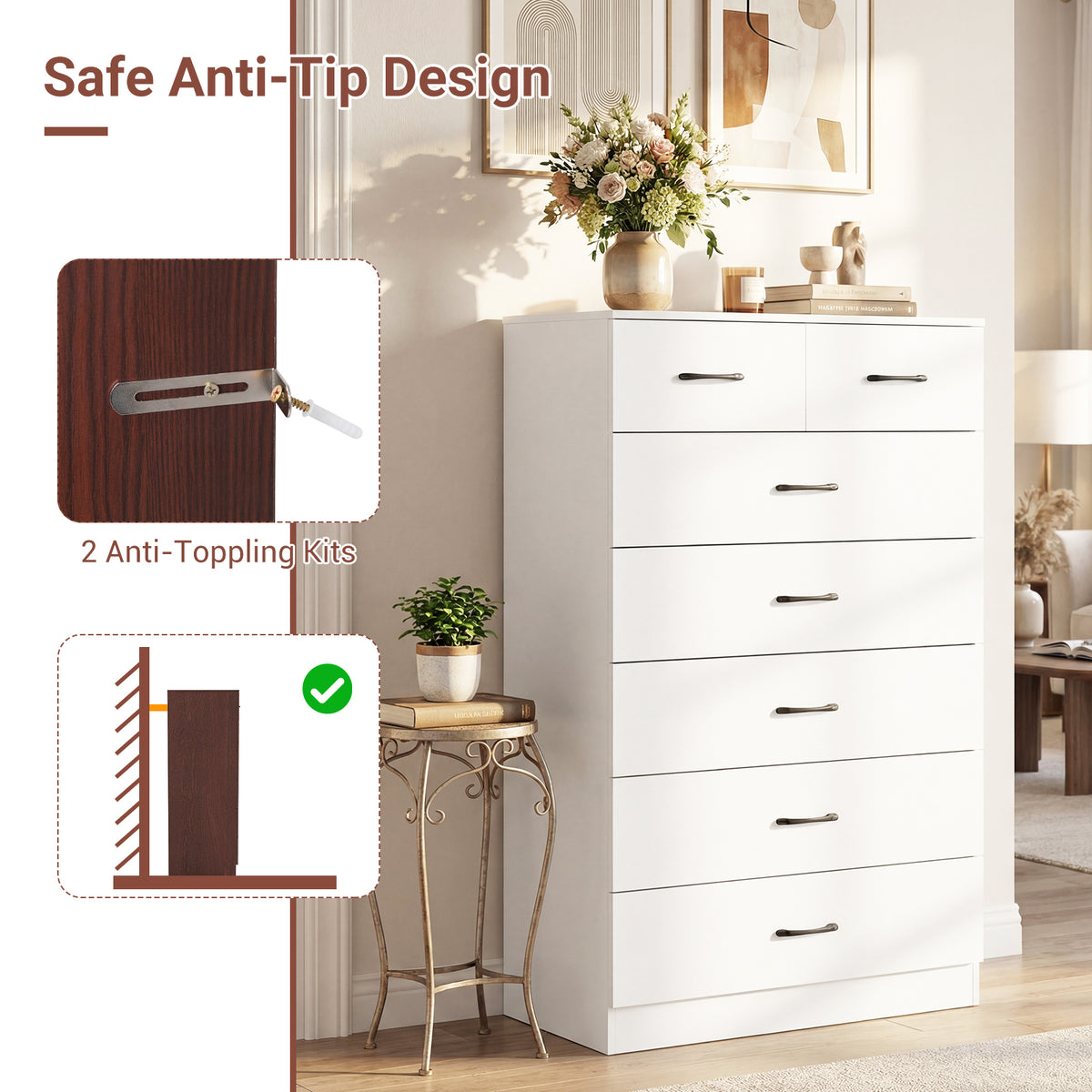 7-Drawer Tall Dresser with Metal Handles, White