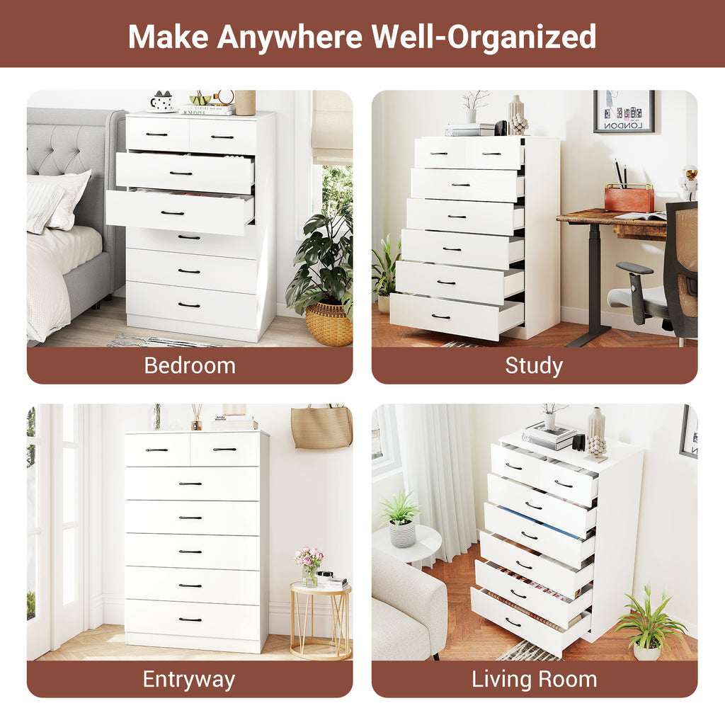 7-Drawer Tall Dresser with Metal Handles, White