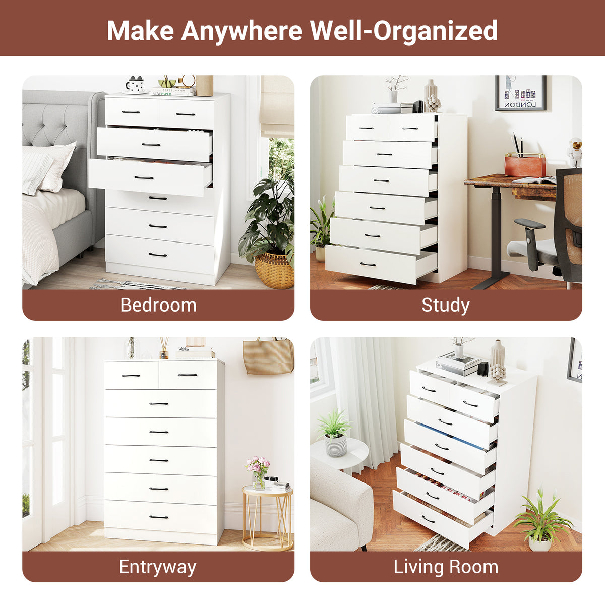 7-Drawer Tall Dresser with Metal Handles, White