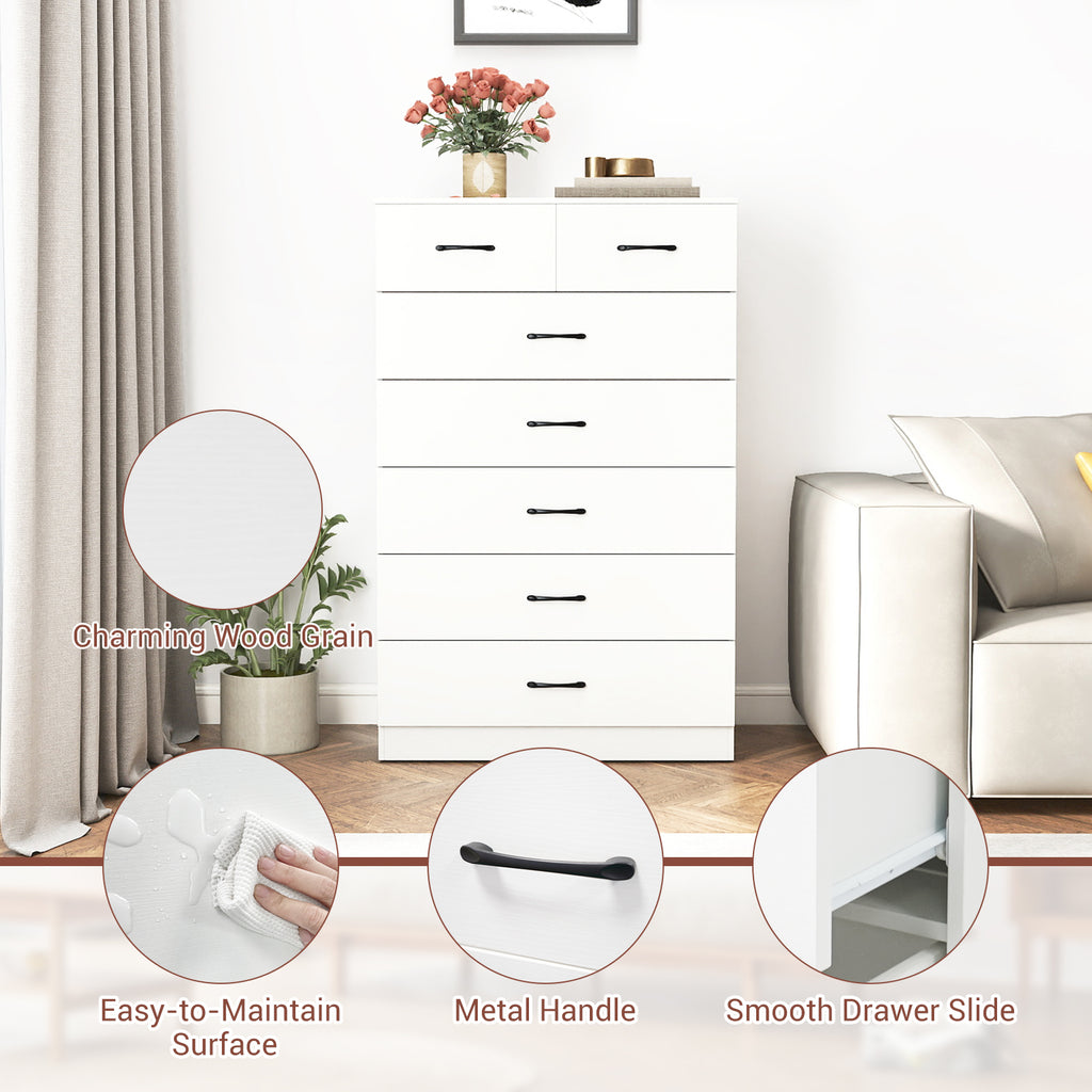 7-Drawer Tall Dresser with Metal Handles, White