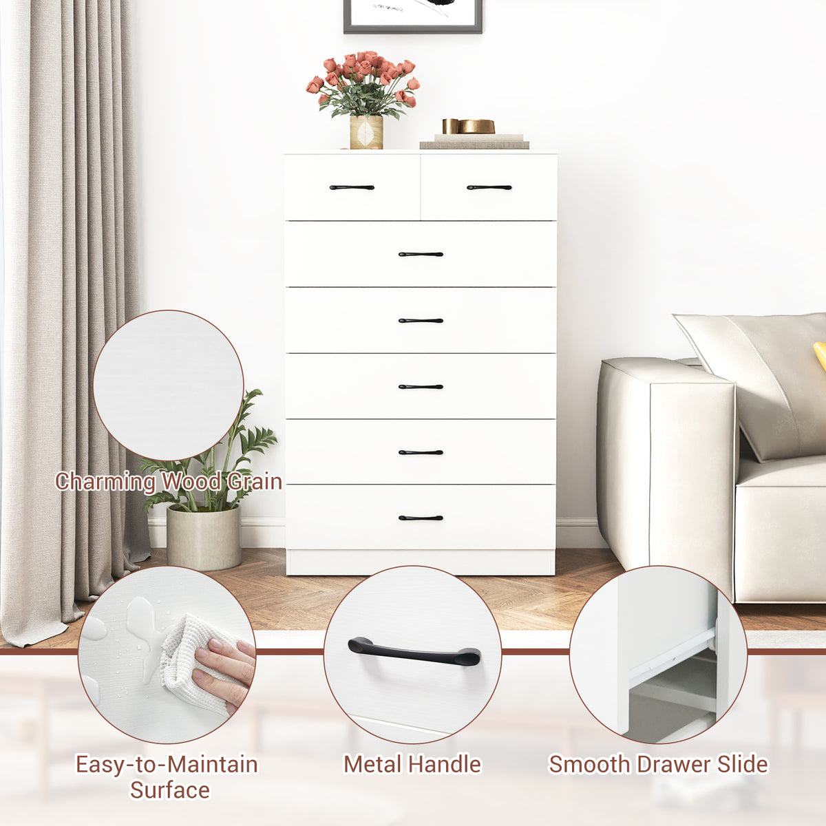 7-Drawer Tall Dresser with Metal Handles, White