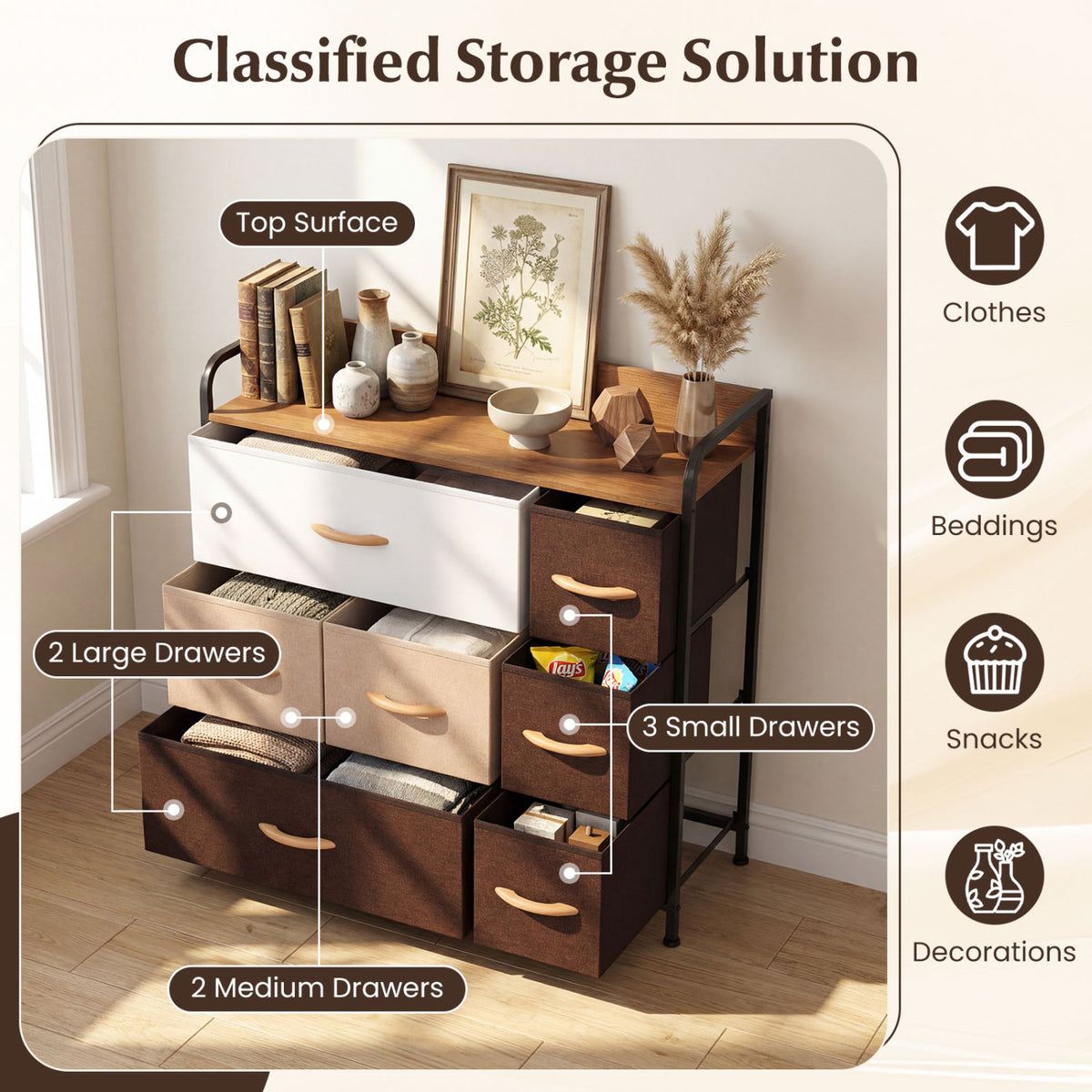 7 Drawer Tower Dresser with Steel Frame & Wooden Top