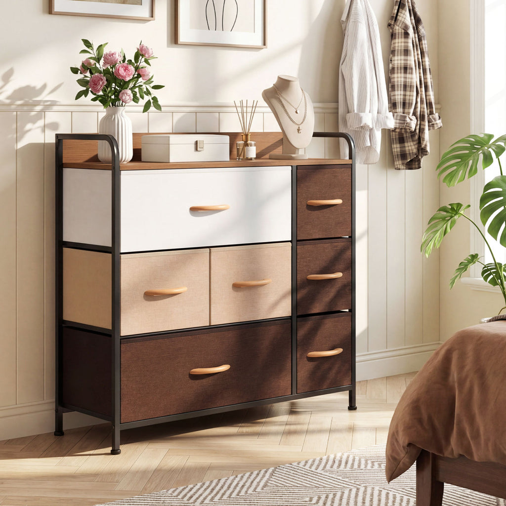 7 Drawer Tower Dresser with Steel Frame & Wooden Top