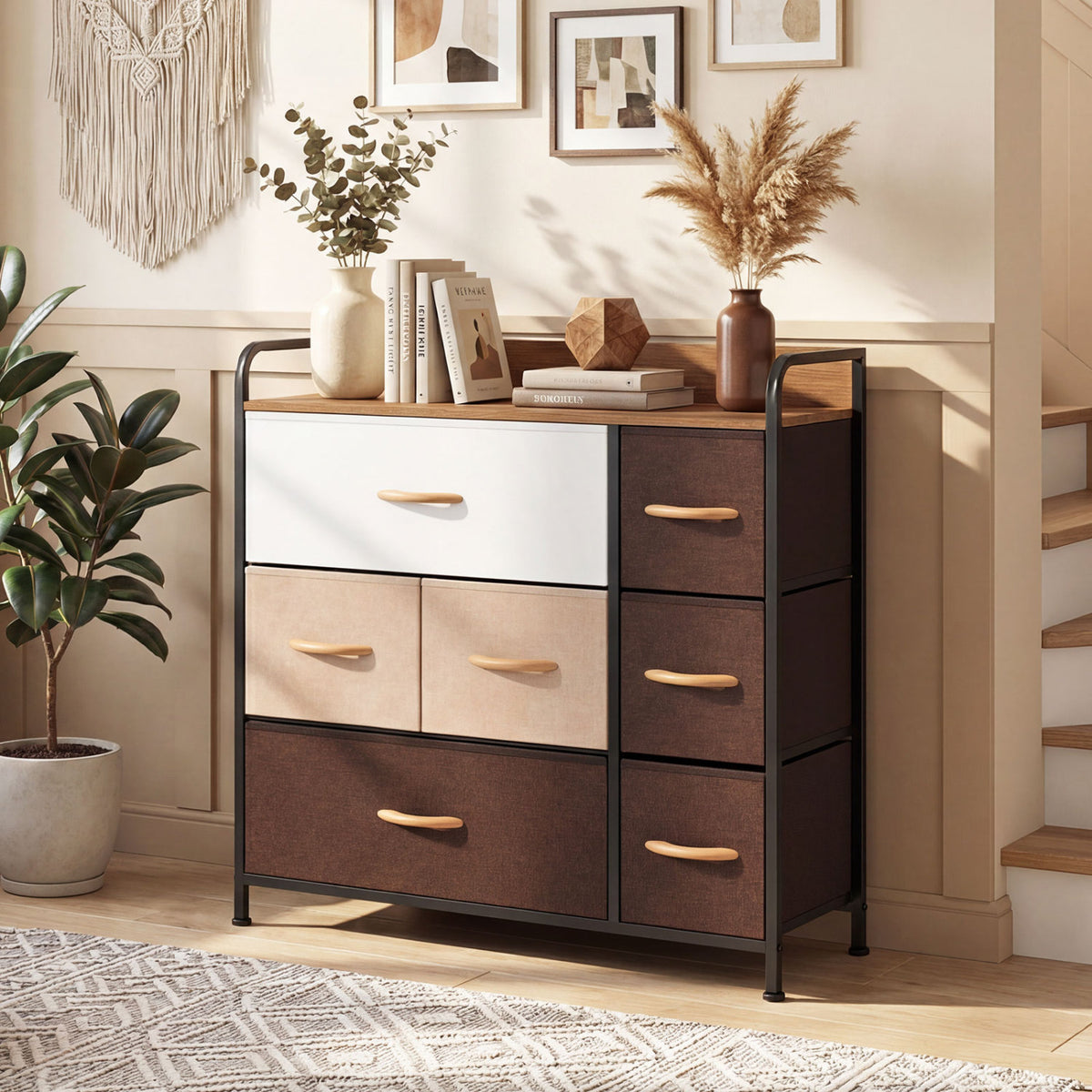 7 Drawer Tower Dresser with Steel Frame & Wooden Top