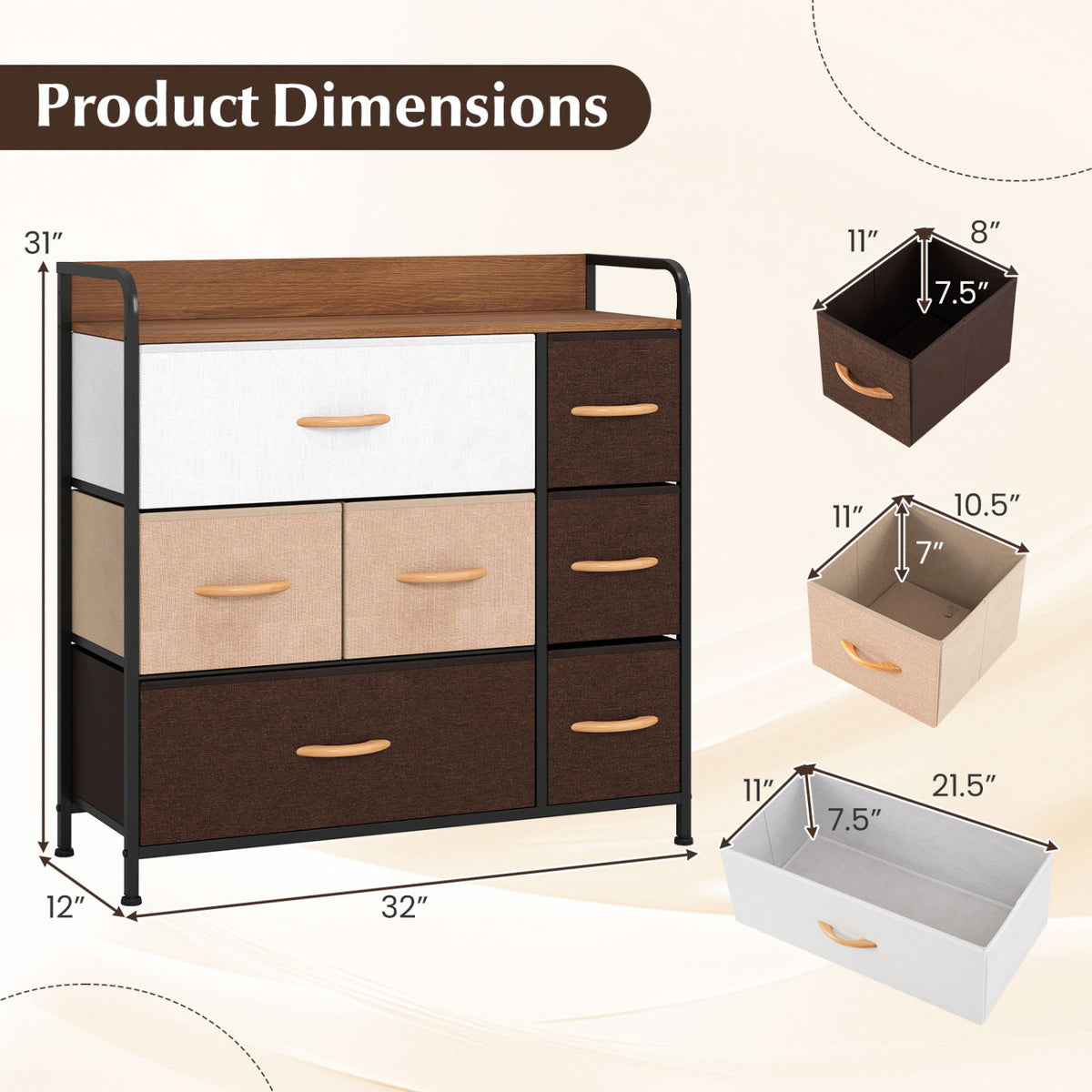 7 Drawer Tower Dresser with Steel Frame & Wooden Top