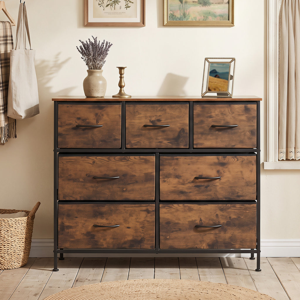 7-Drawer Wide Dresser with Fabric Storage - Black