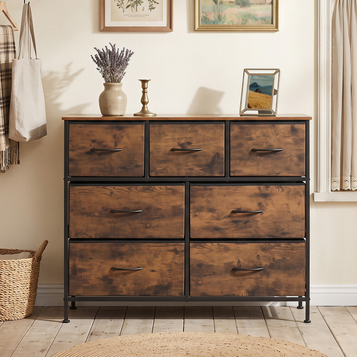 7-Drawer Wide Dresser with Fabric Storage - Black