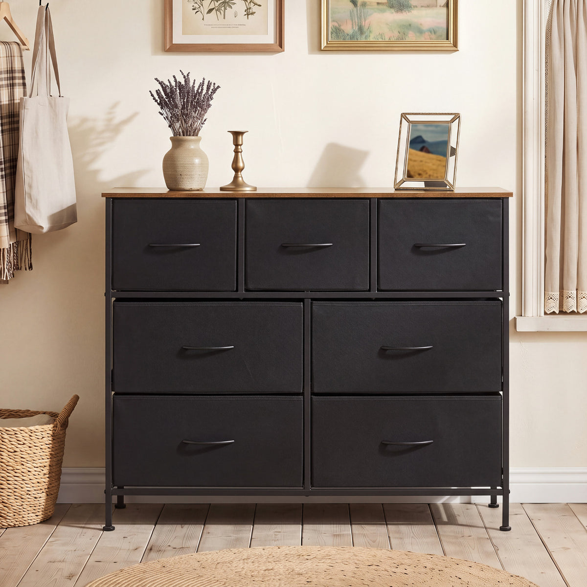 7-Drawer Wide Dresser with Fabric Storage - Black