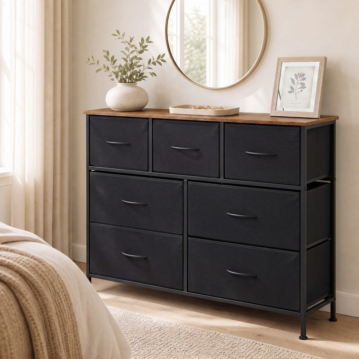 7-Drawer Wide Dresser with Fabric Storage - Black
