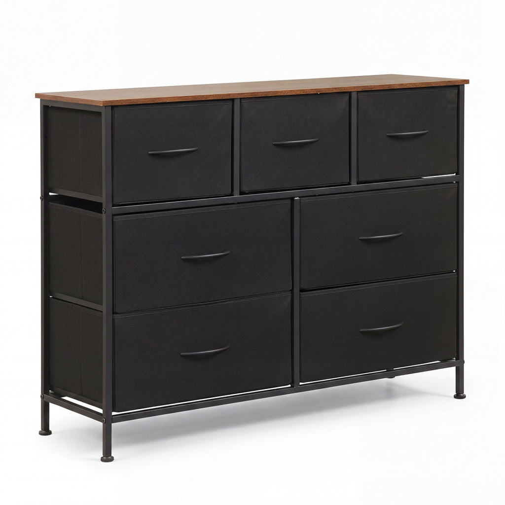 7-Drawer Wide Dresser with Fabric Storage - Black