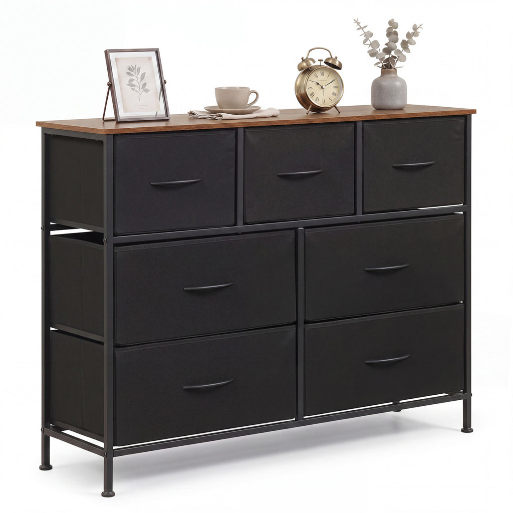 7-Drawer Wide Dresser with Fabric Storage - Black