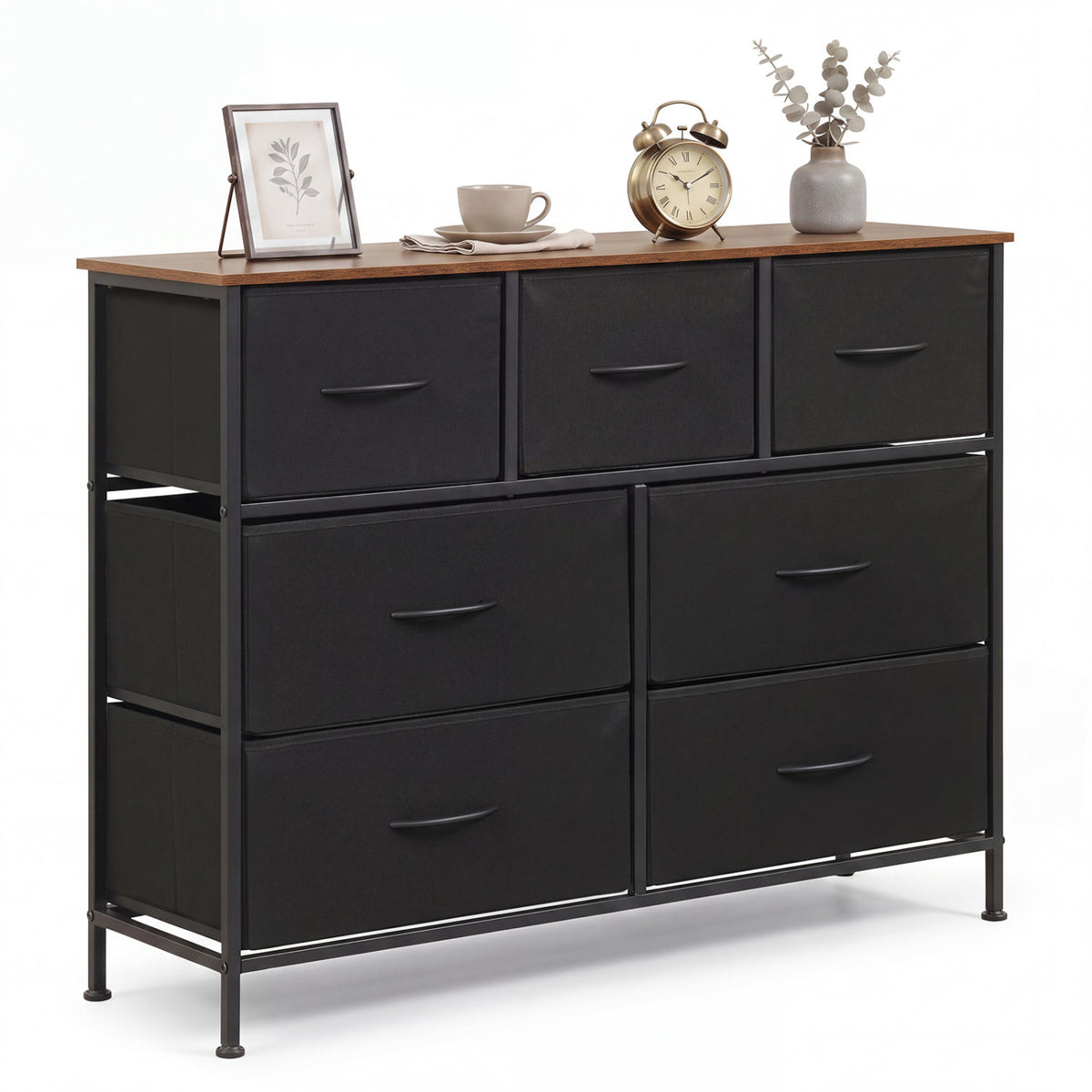 7-Drawer Wide Dresser with Fabric Storage - Black
