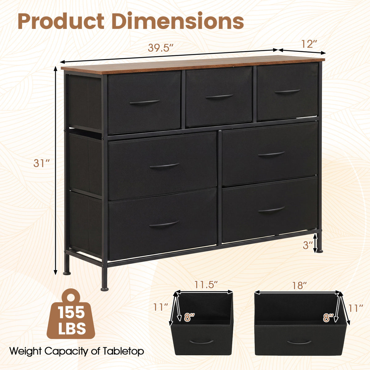 7-Drawer Wide Dresser with Fabric Storage - Black