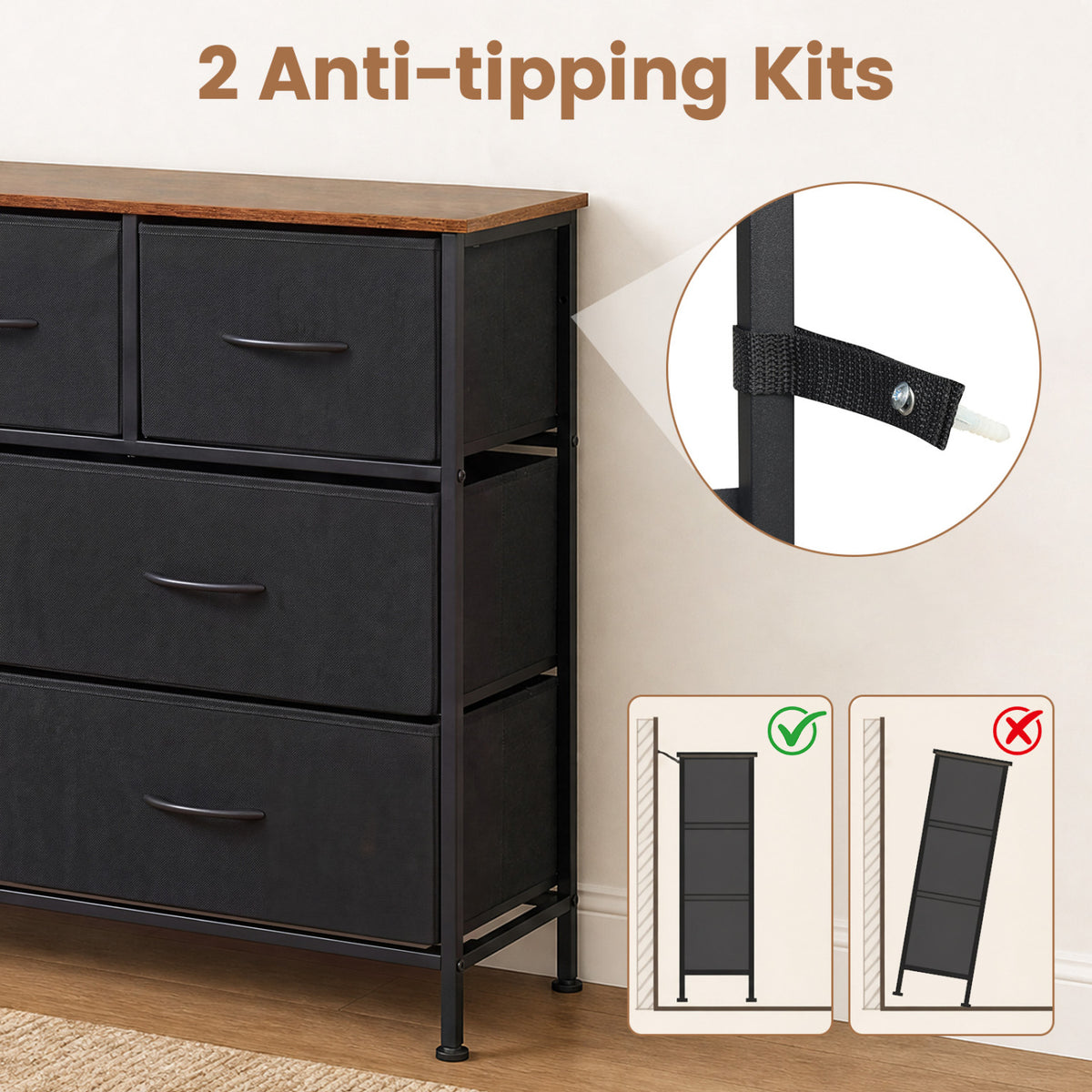 7-Drawer Wide Dresser with Fabric Storage - Black