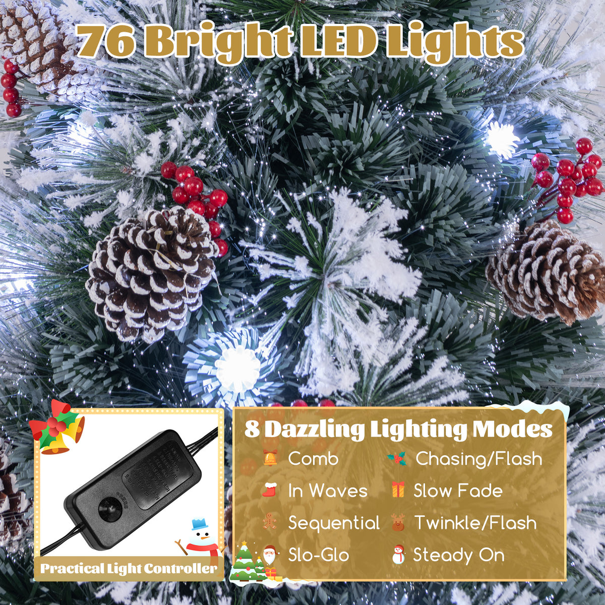 7 ft Flocked Christmas Tree with 8 Lighting Modes - Realistic Holiday Decor