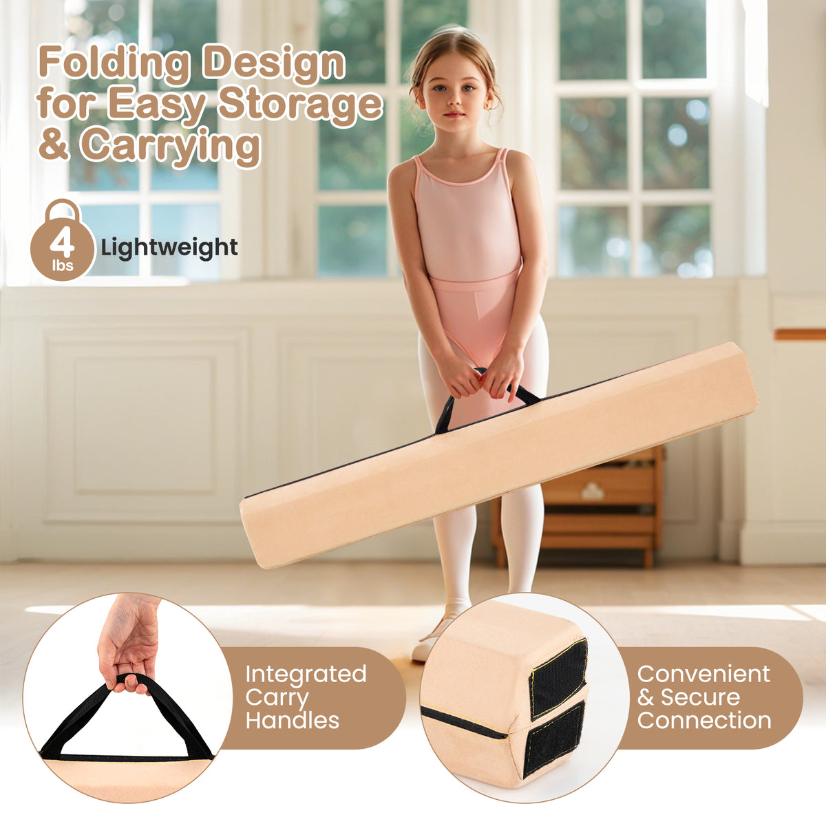 7 FT Folding Balance Beam with Removable Suede Cover & Non-Slip Base - Khaki Variation