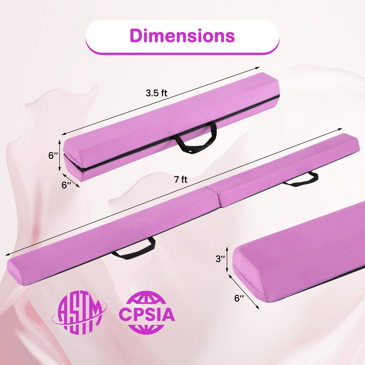 7 FT Folding Balance Beam with Removable Suede Cover - Purple, Non-slip Support