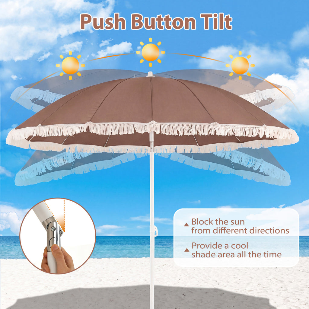 7 FT Patio Umbrella with Fringe Boho Tassel for Outdoor Beach Garden