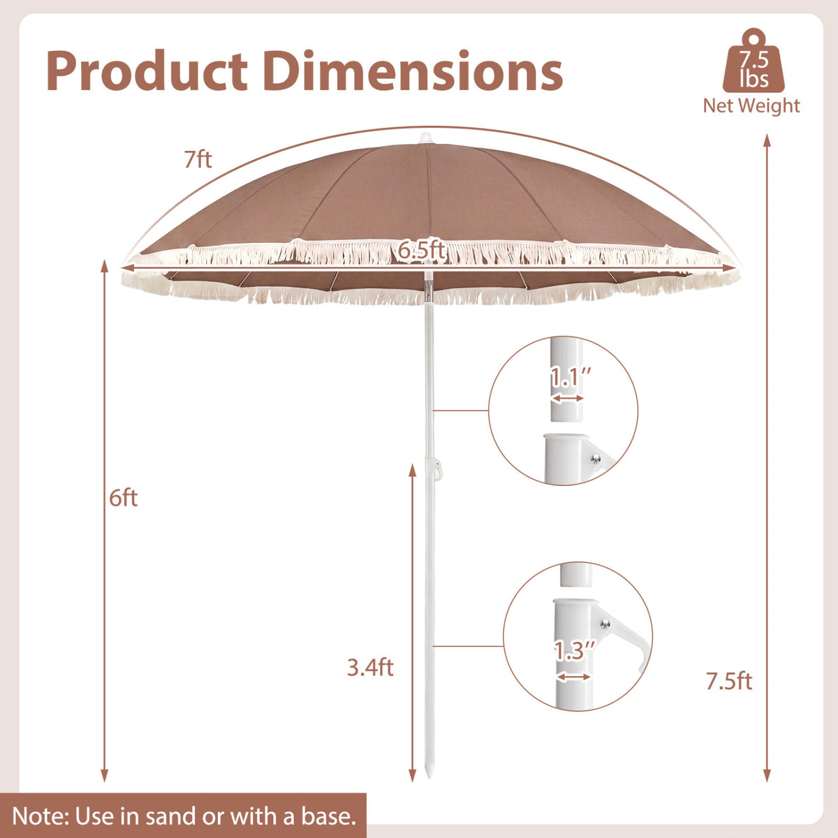 7 FT Patio Umbrella with Fringe Boho Tassel for Outdoor Beach Garden
