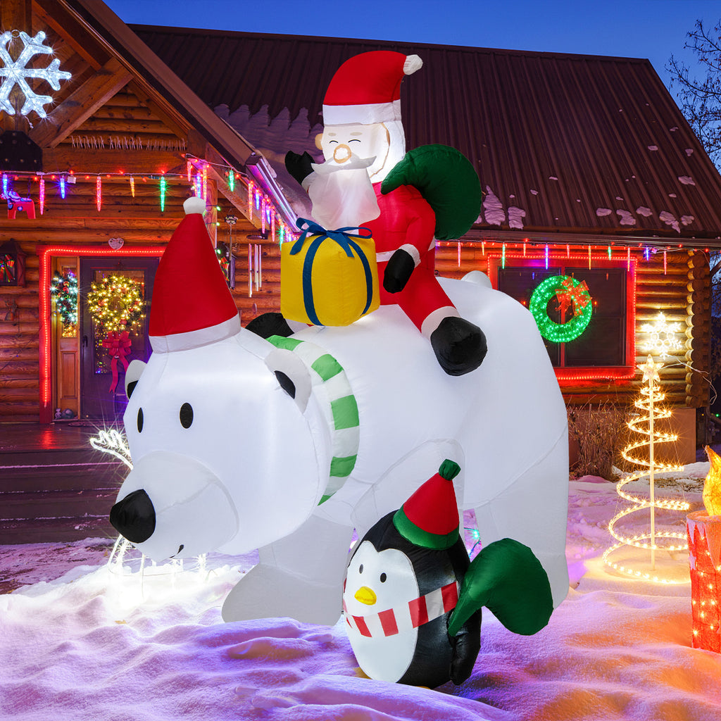 Inflatable Santa Claus Riding Polar Bear with Penguin Gift Bags & Box - 7 Feet