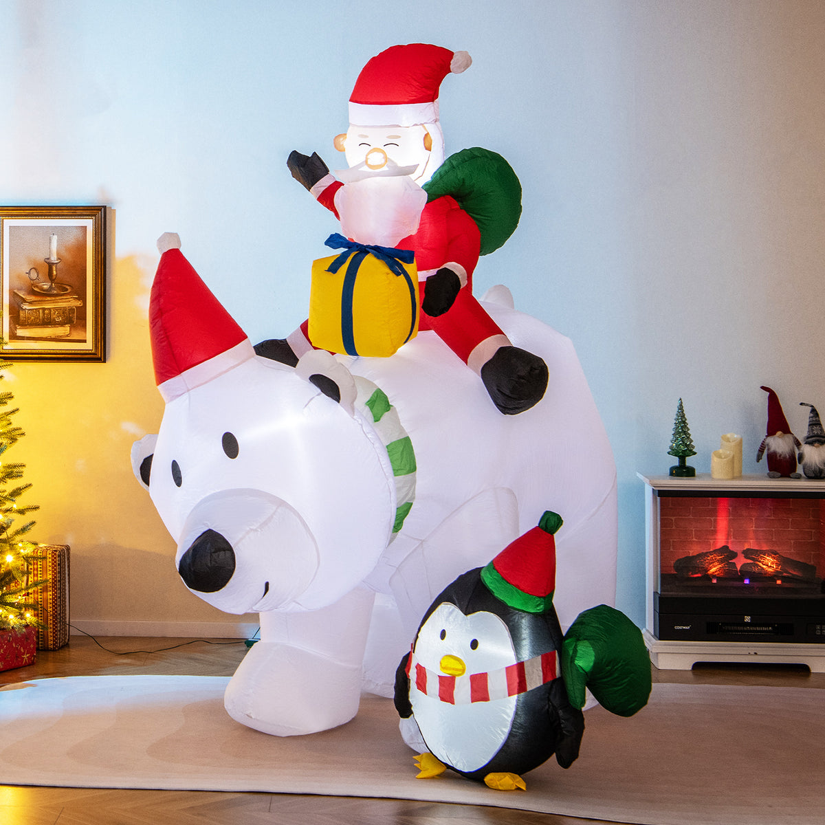 Inflatable Santa Claus Riding Polar Bear with Penguin Gift Bags & Box - 7 Feet