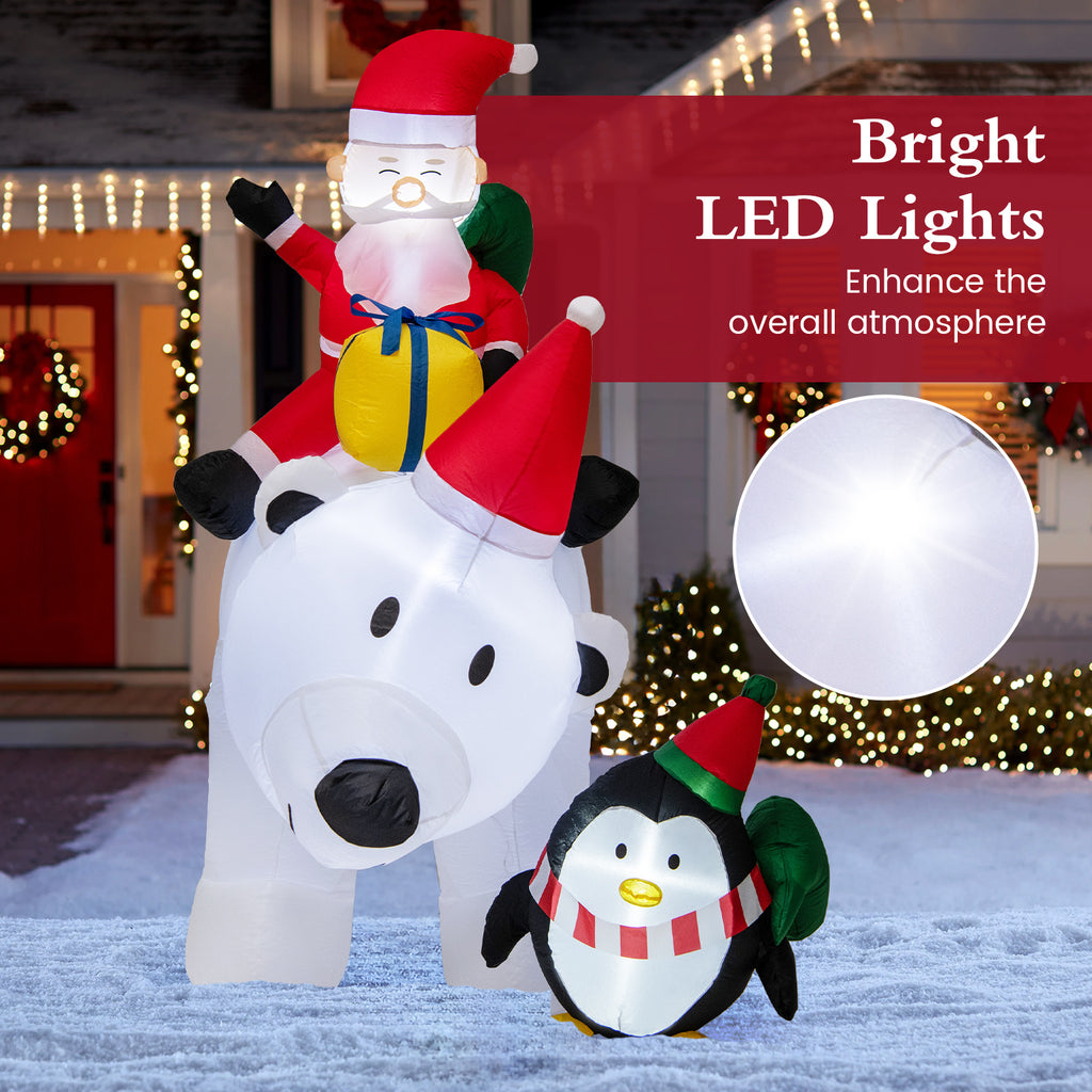 Inflatable Santa Claus Riding Polar Bear with Penguin Gift Bags & Box - 7 Feet
