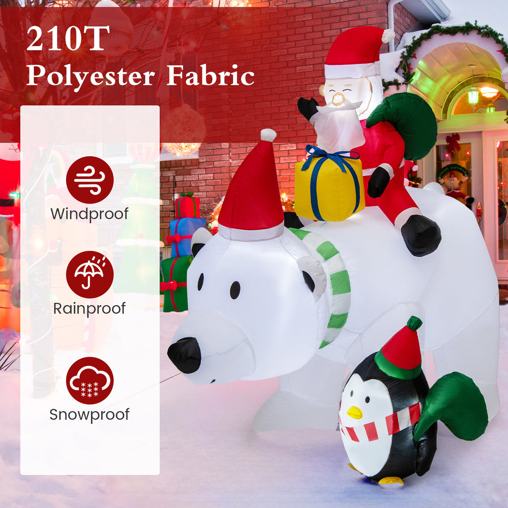 Inflatable Santa Claus Riding Polar Bear with Penguin Gift Bags & Box - 7 Feet