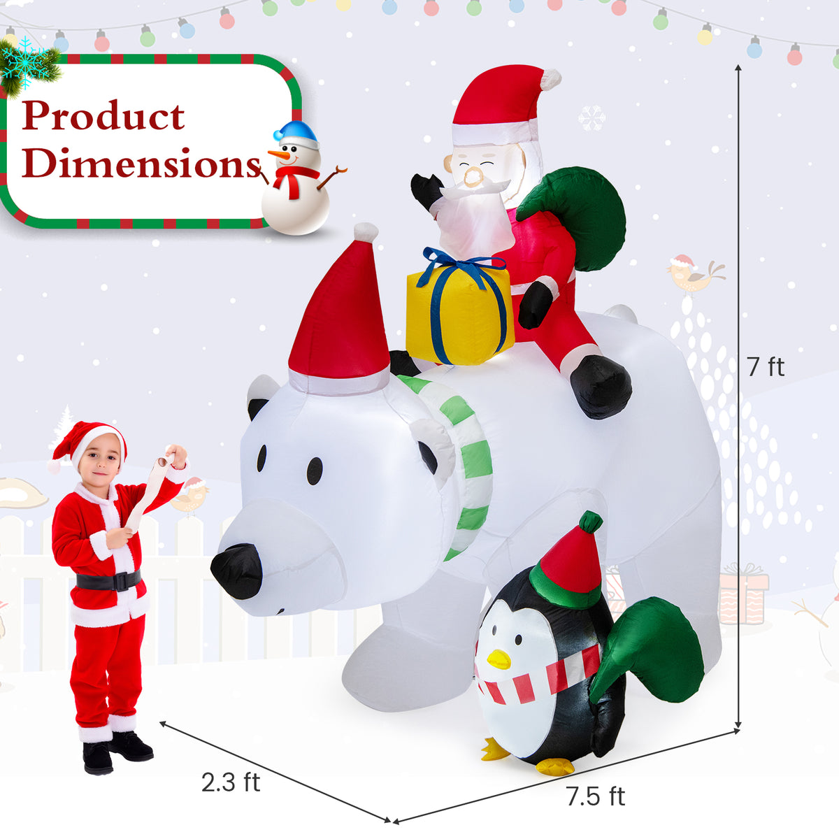Inflatable Santa Claus Riding Polar Bear with Penguin Gift Bags & Box - 7 Feet