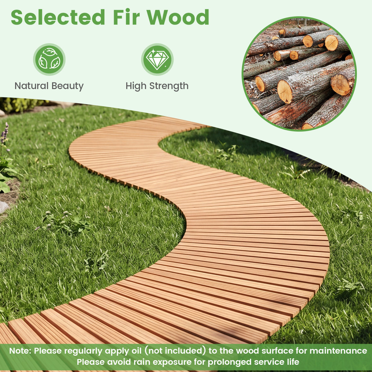Natural Wooden Garden Pathway 7 FT with Anti-Slip Surface for Gardens & Patios