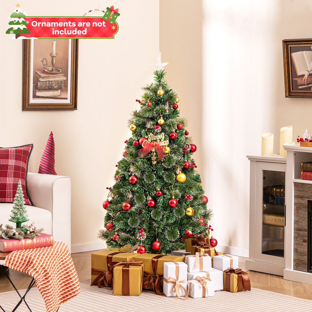 5 Ft Artificial Christmas Tree with Red Berries and Kerosene Lamps - Realistic Snowy Pine Decor